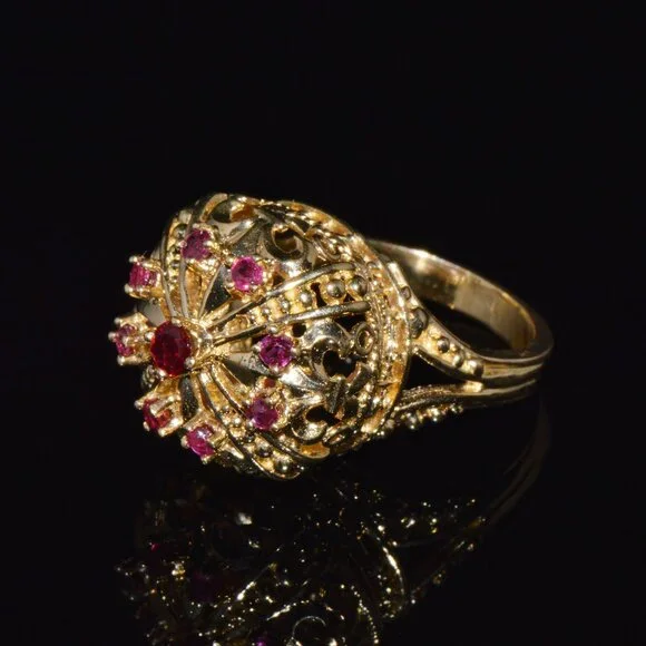 Vintage Franklin Mint Natural Ruby 18K 750 Solid Gold Etruscan Crown Dome Ring